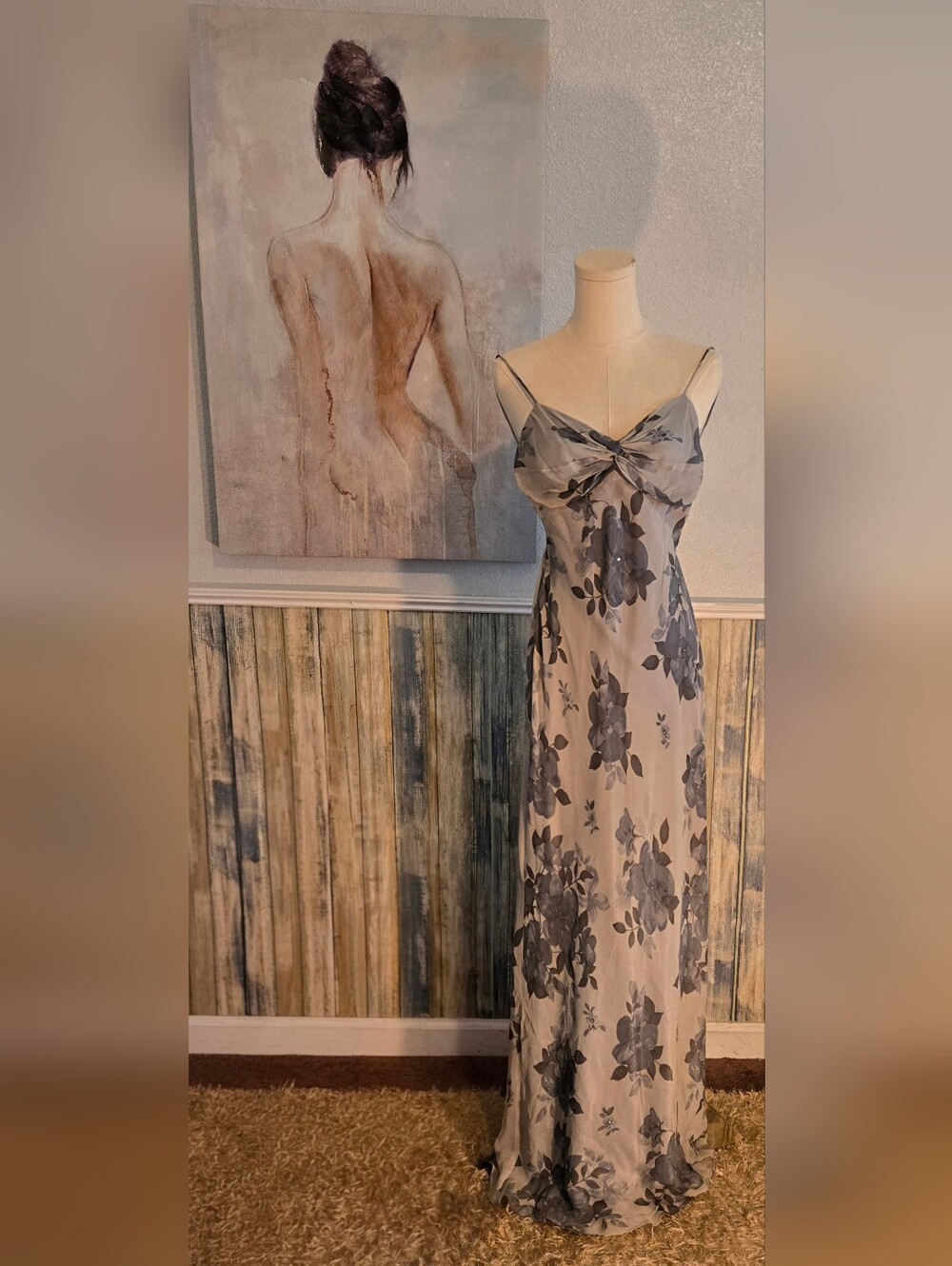 Laundry by Shelli Segal Slate Multi Floral Silk Chiffon Rhinestone Maxi Gown NWT